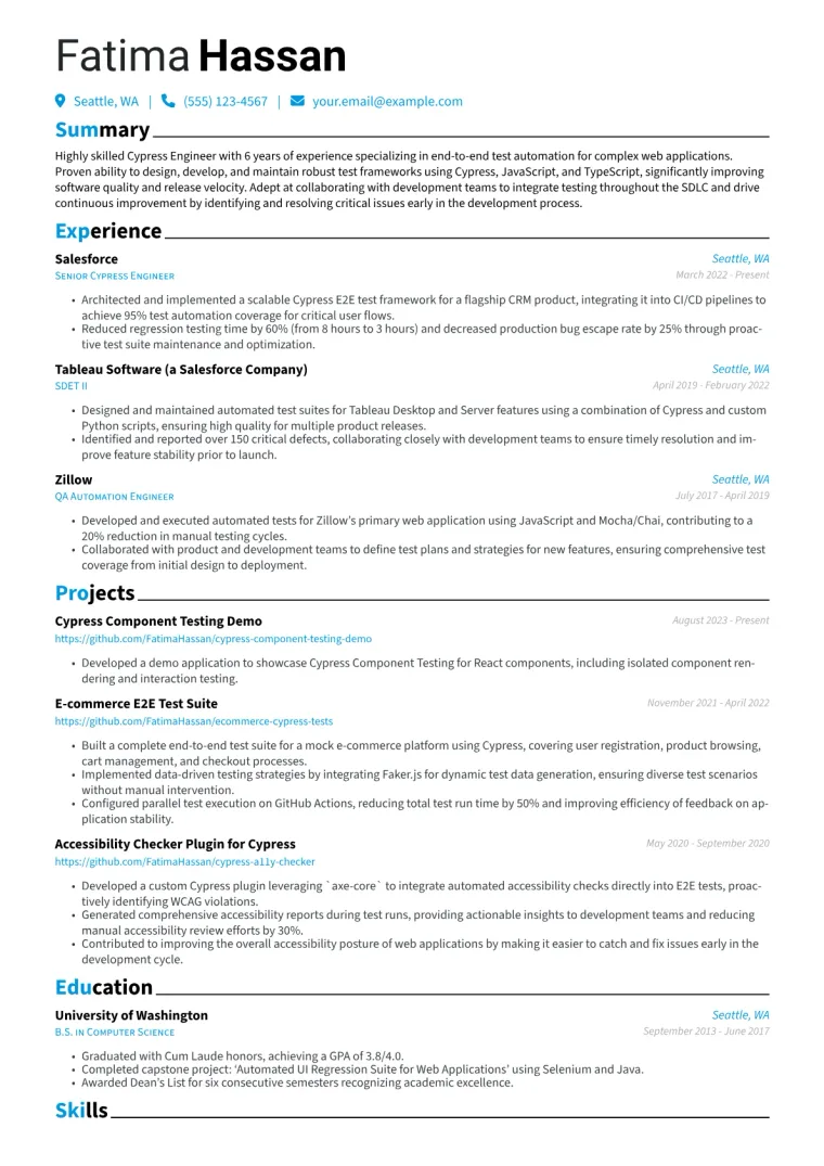 Cypress Engineer Resume Example CV template preview