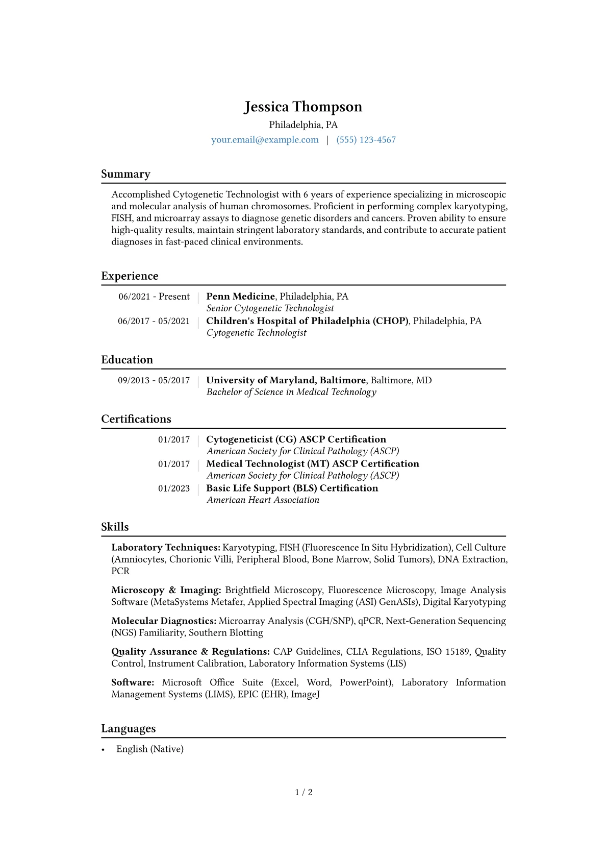 Cytogenetic Technologist Resume Example CV template - Page 1