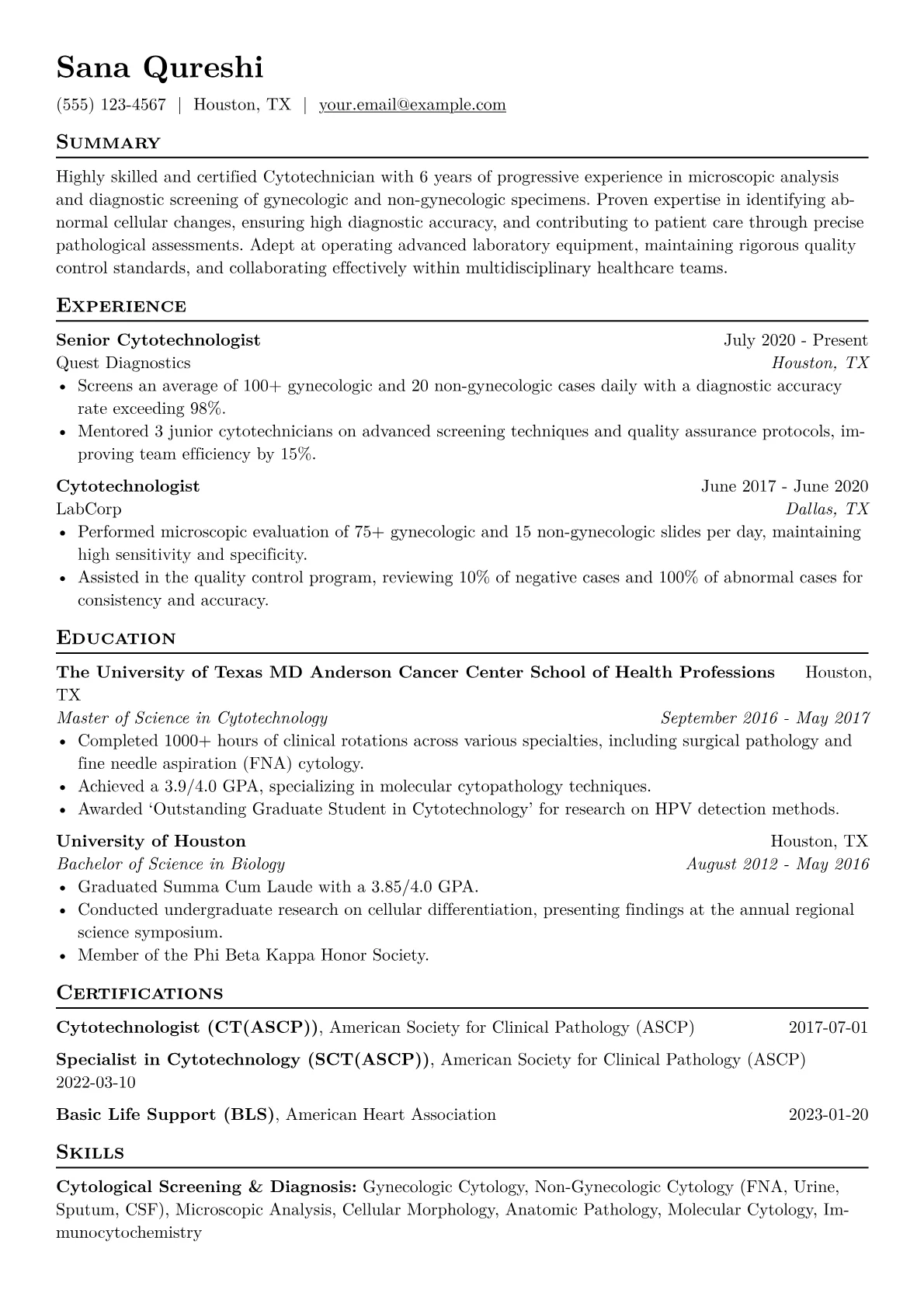 Cytotechnician Resume Example CV template - Page 1