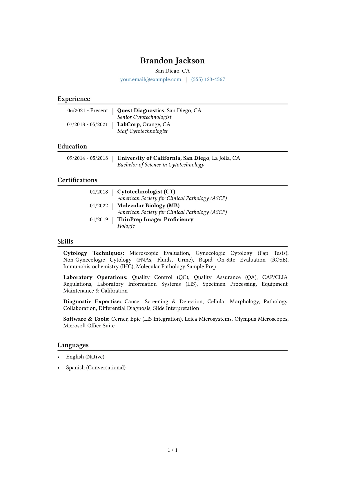 Cytotechnologist Resume Example CV template - Page 1