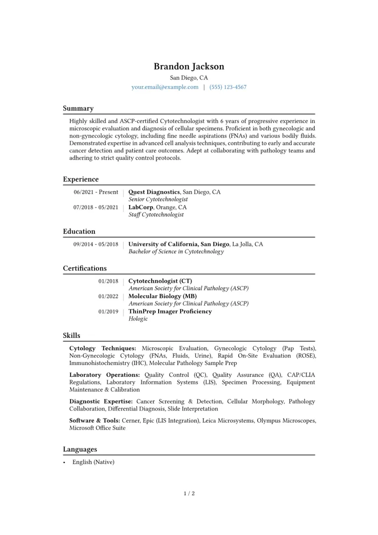 Cytotechnologist Resume Example CV template preview