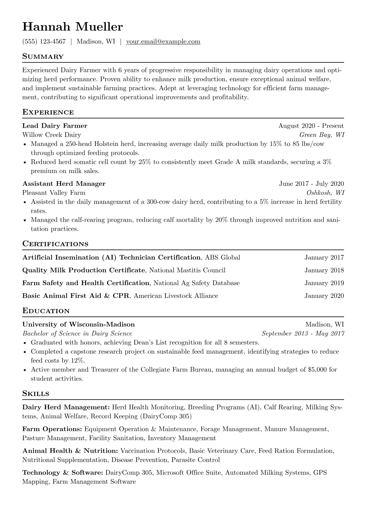 Dairy Farmer Resume Example CV template - Page 1