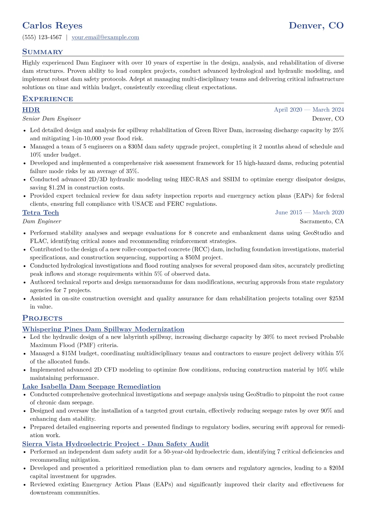 Dam Engineer Resume Example CV template - Page 1