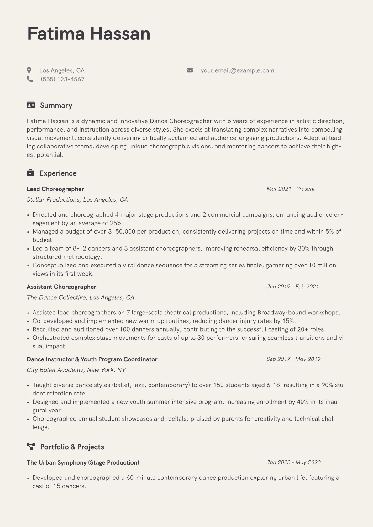Dance Choreographer Resume Example CV template - Page 1
