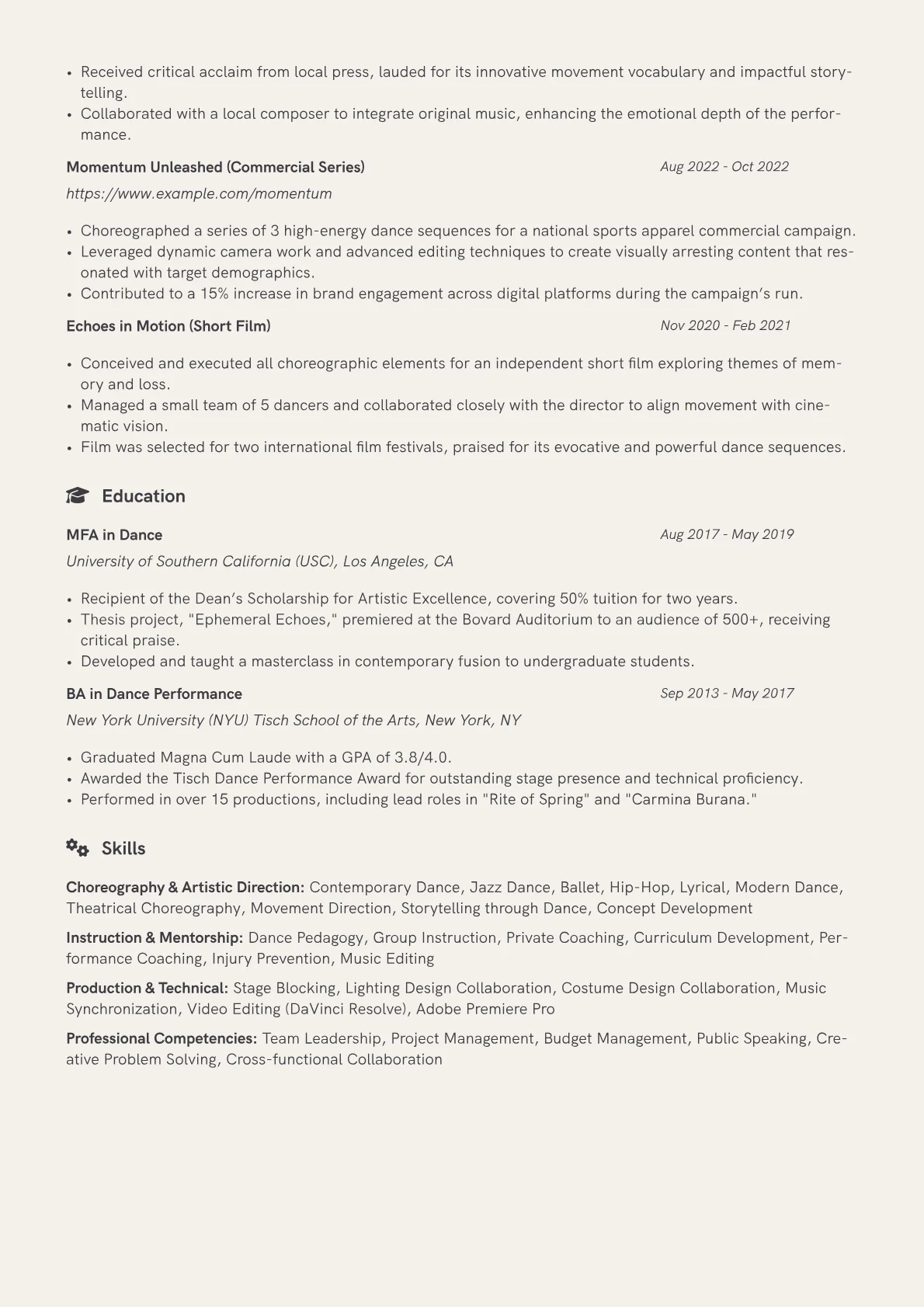 Dance Choreographer Resume Example CV template - Page 2