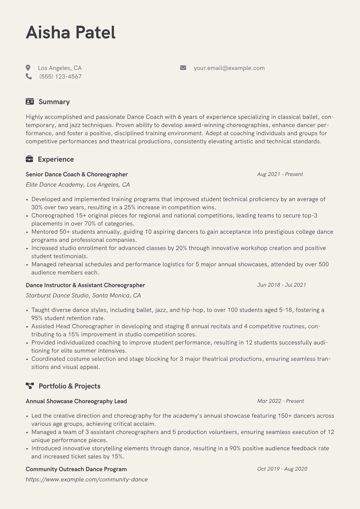 Dance Coach Resume Example CV template - Page 1