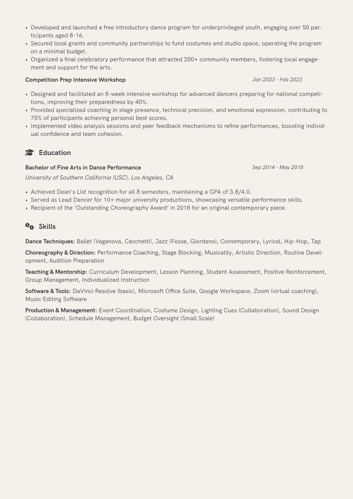 Dance Coach Resume Example CV template - Page 2