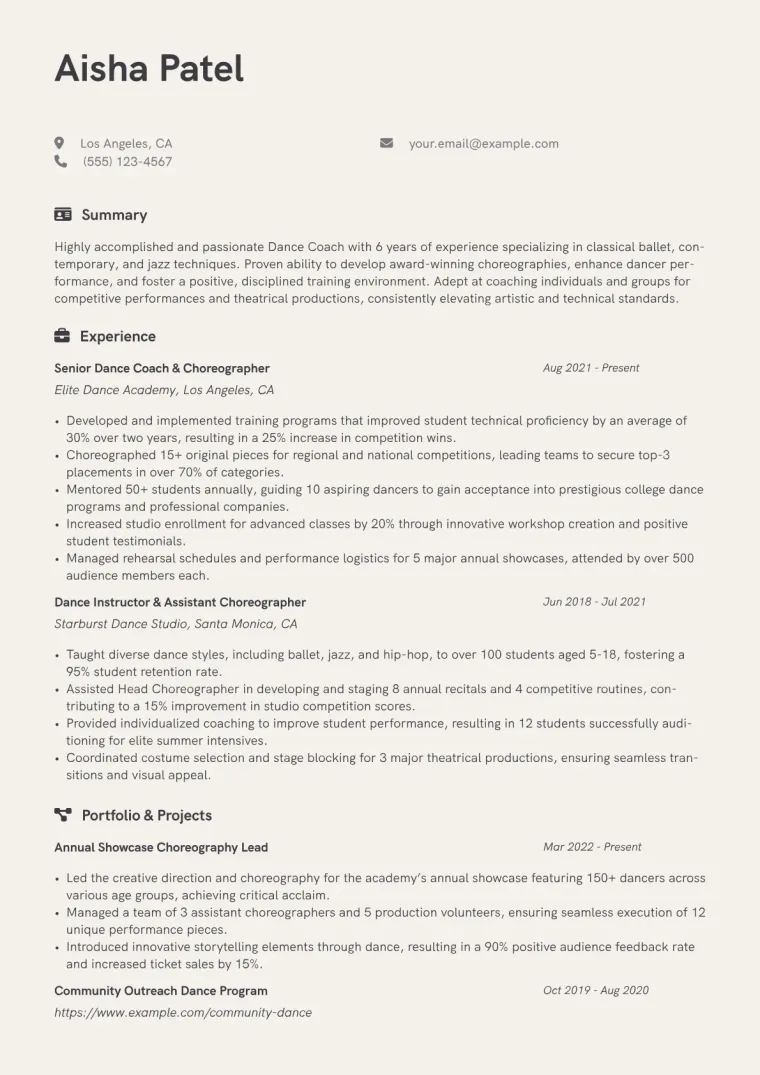 Dance Coach Resume Example CV template preview
