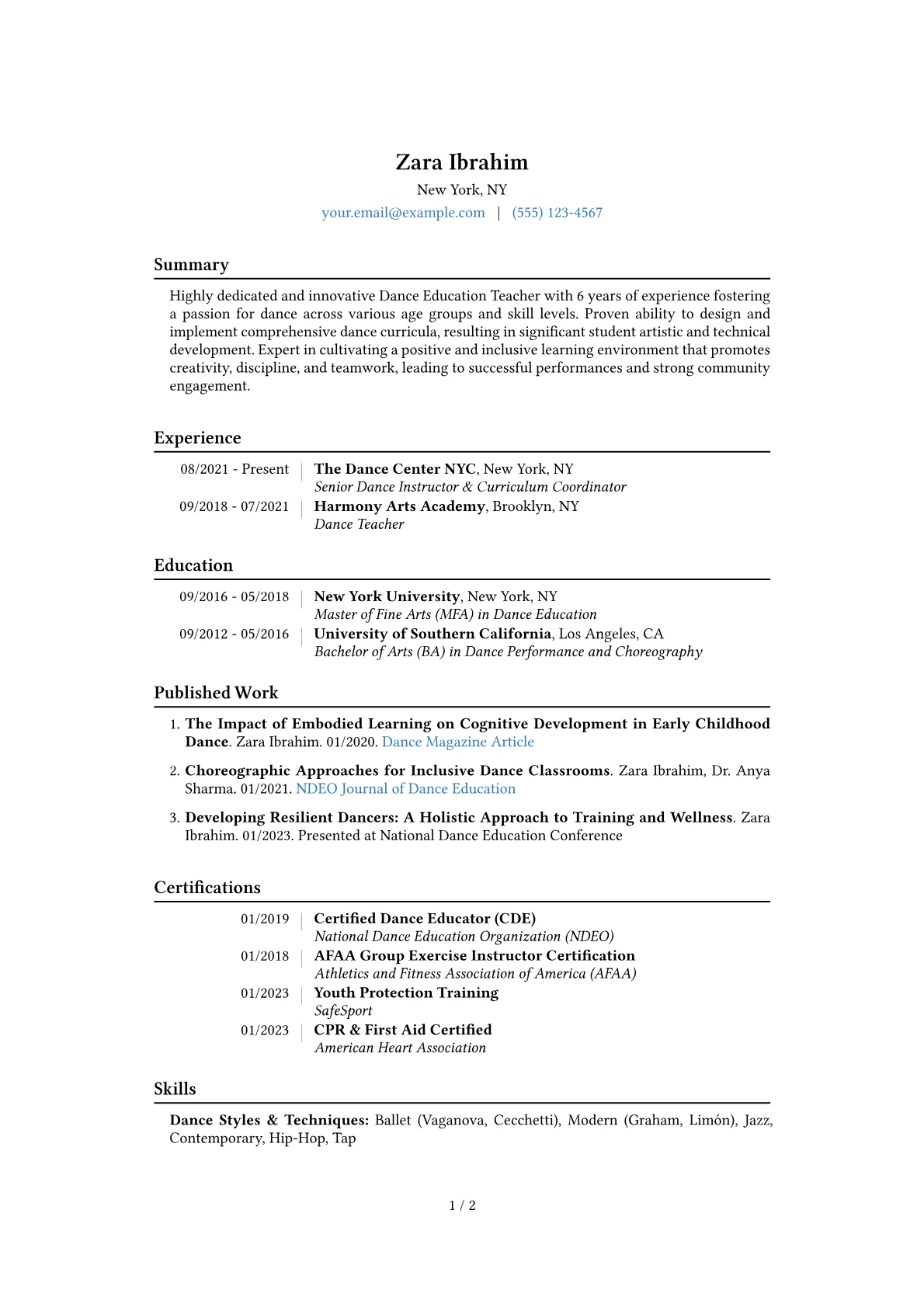 Dance Education Teacher Resume Example CV template - Page 1