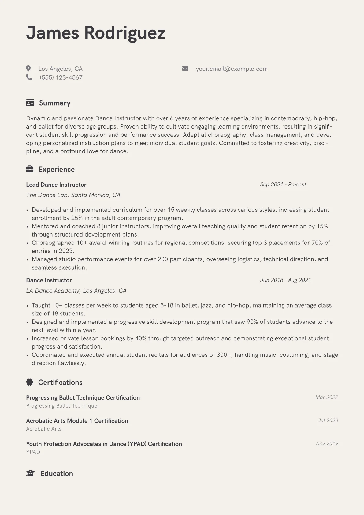 Dance Instructor Resume Example CV template - Page 1