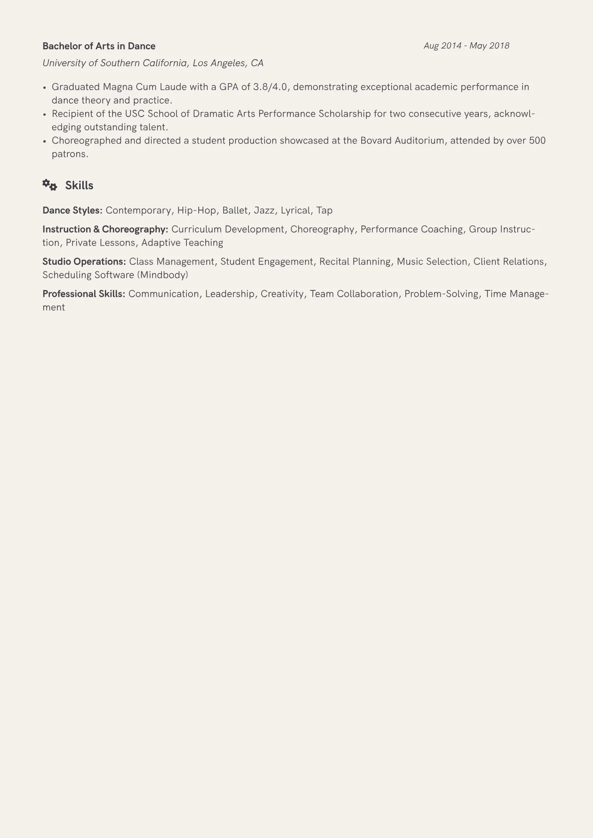 Dance Instructor Resume Example CV template - Page 2