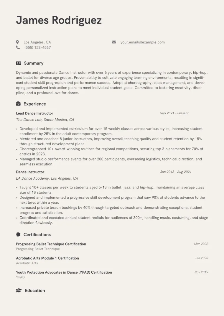 Dance Instructor Resume Example CV template preview