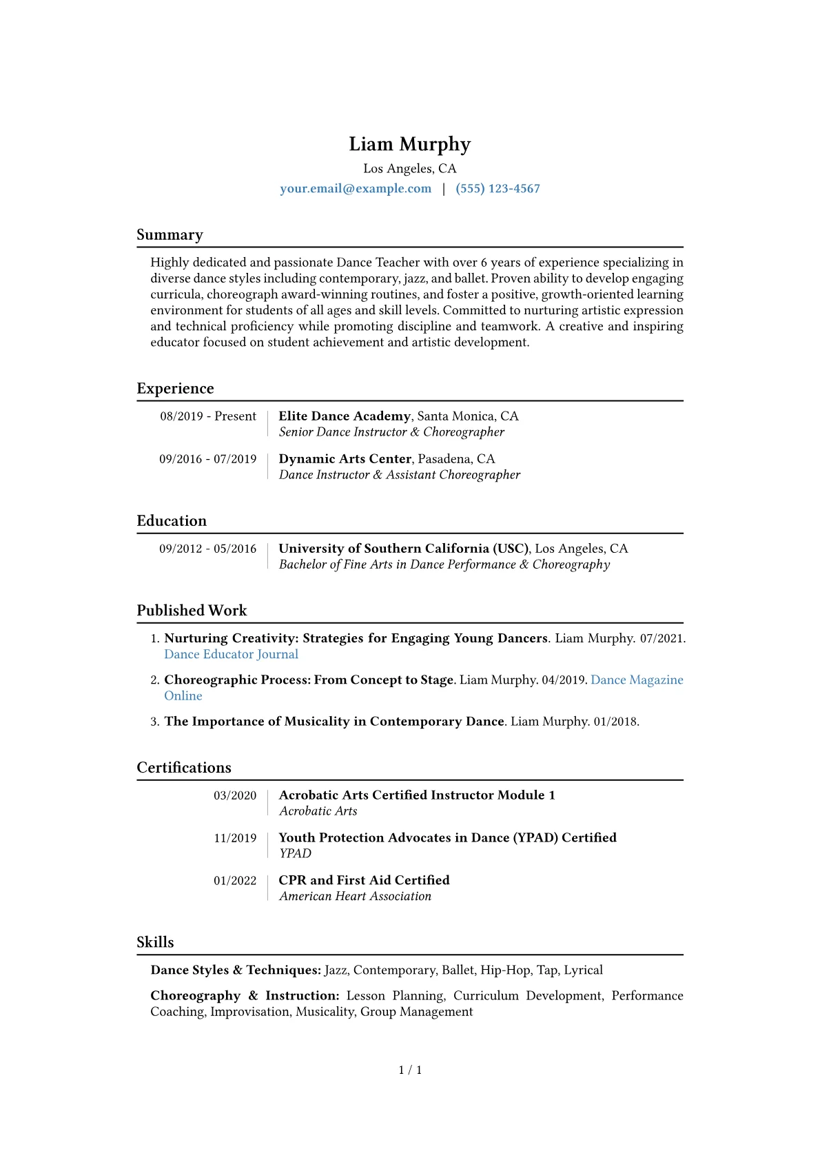Dance Teacher Resume Example CV template - Page 1