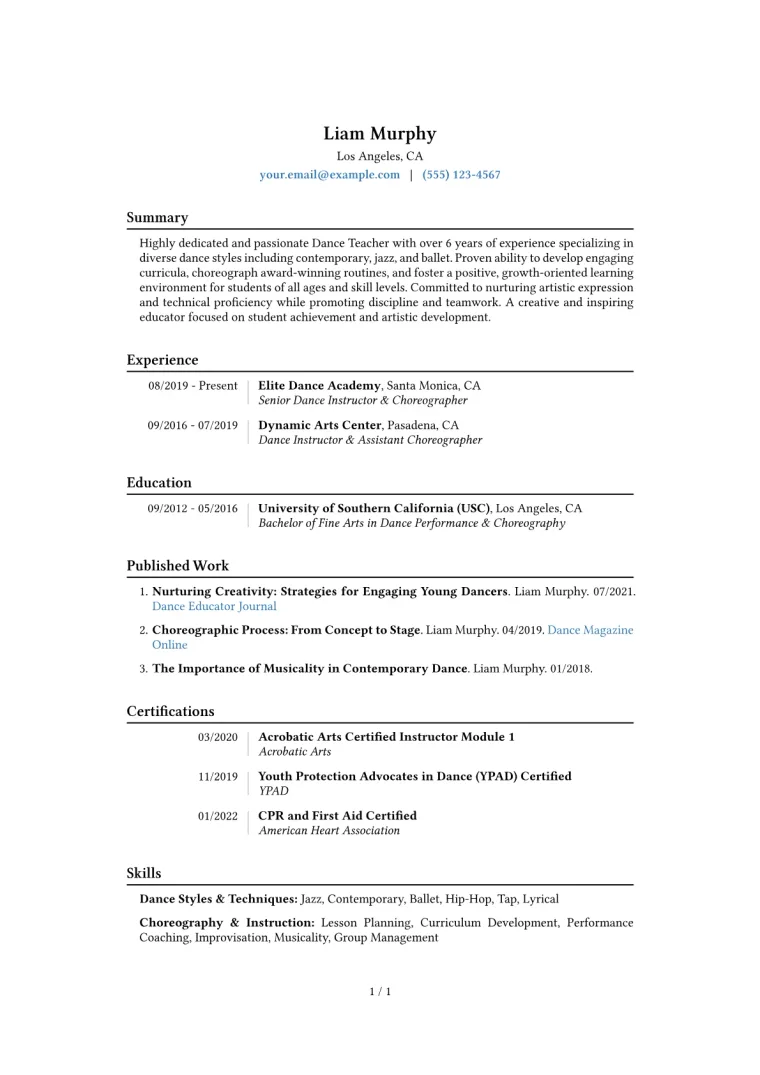 Dance Teacher Resume Example CV template preview