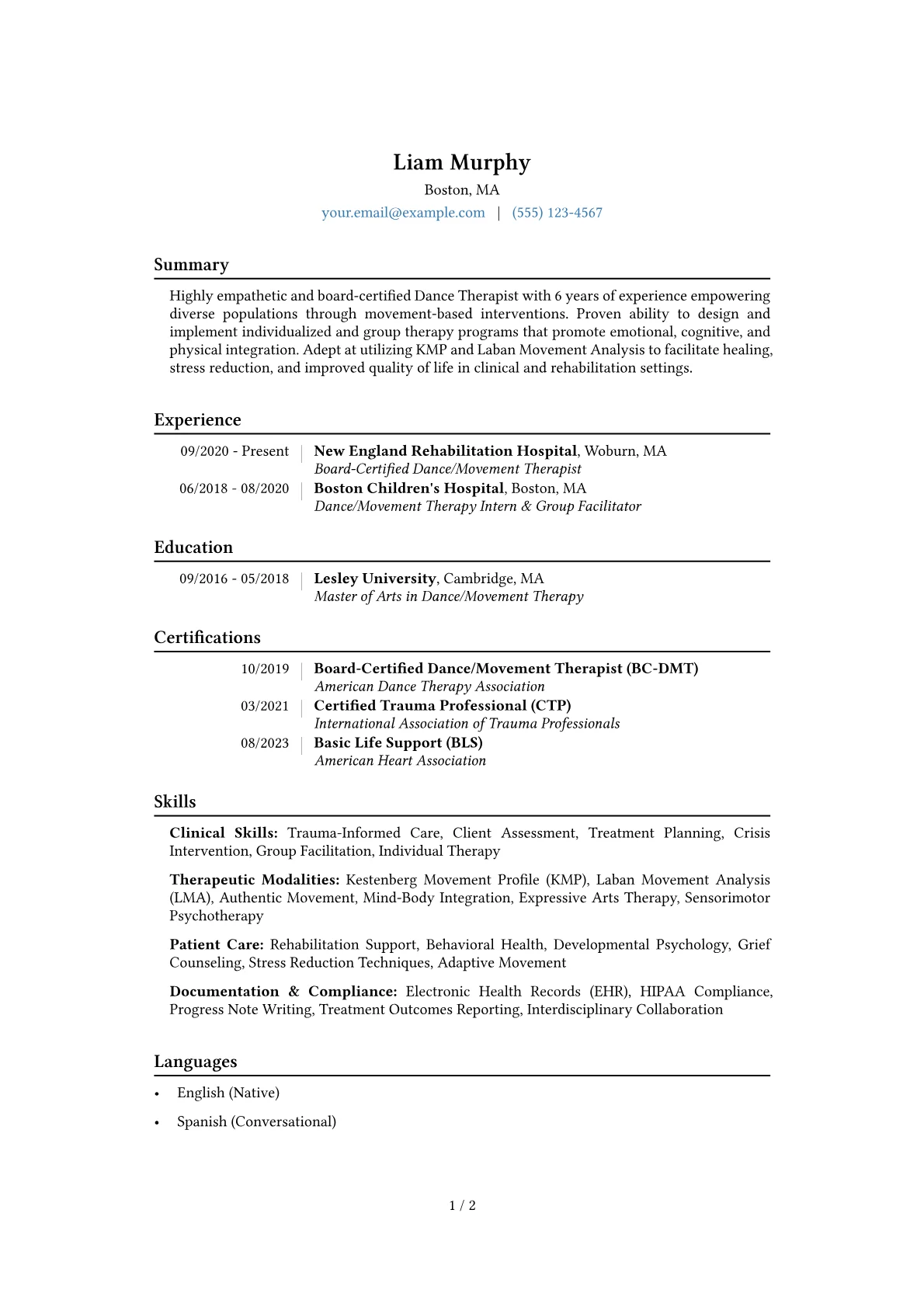 Dance Therapist Resume Example CV template - Page 1