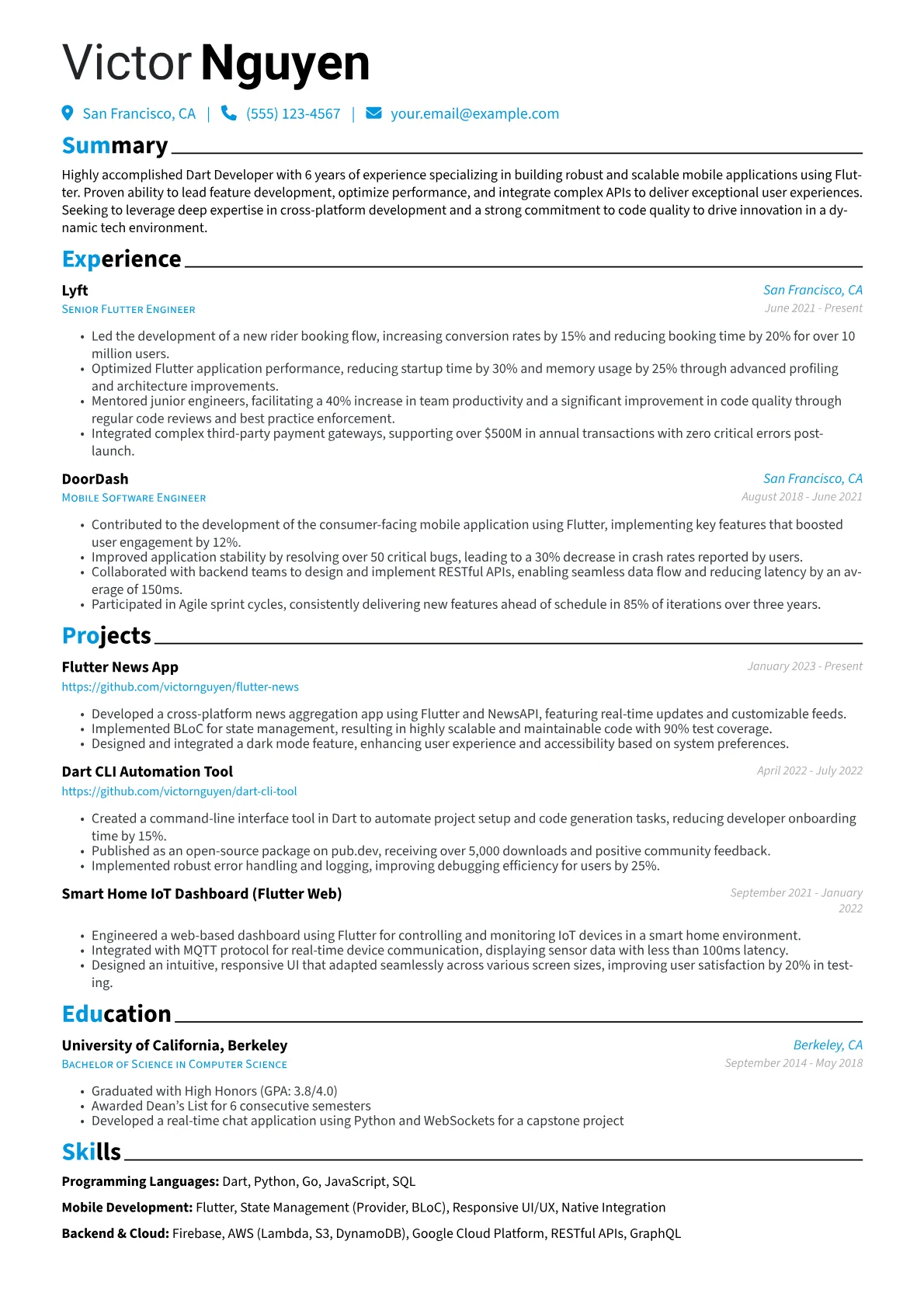 Dart Developer Resume Example CV template - Page 1