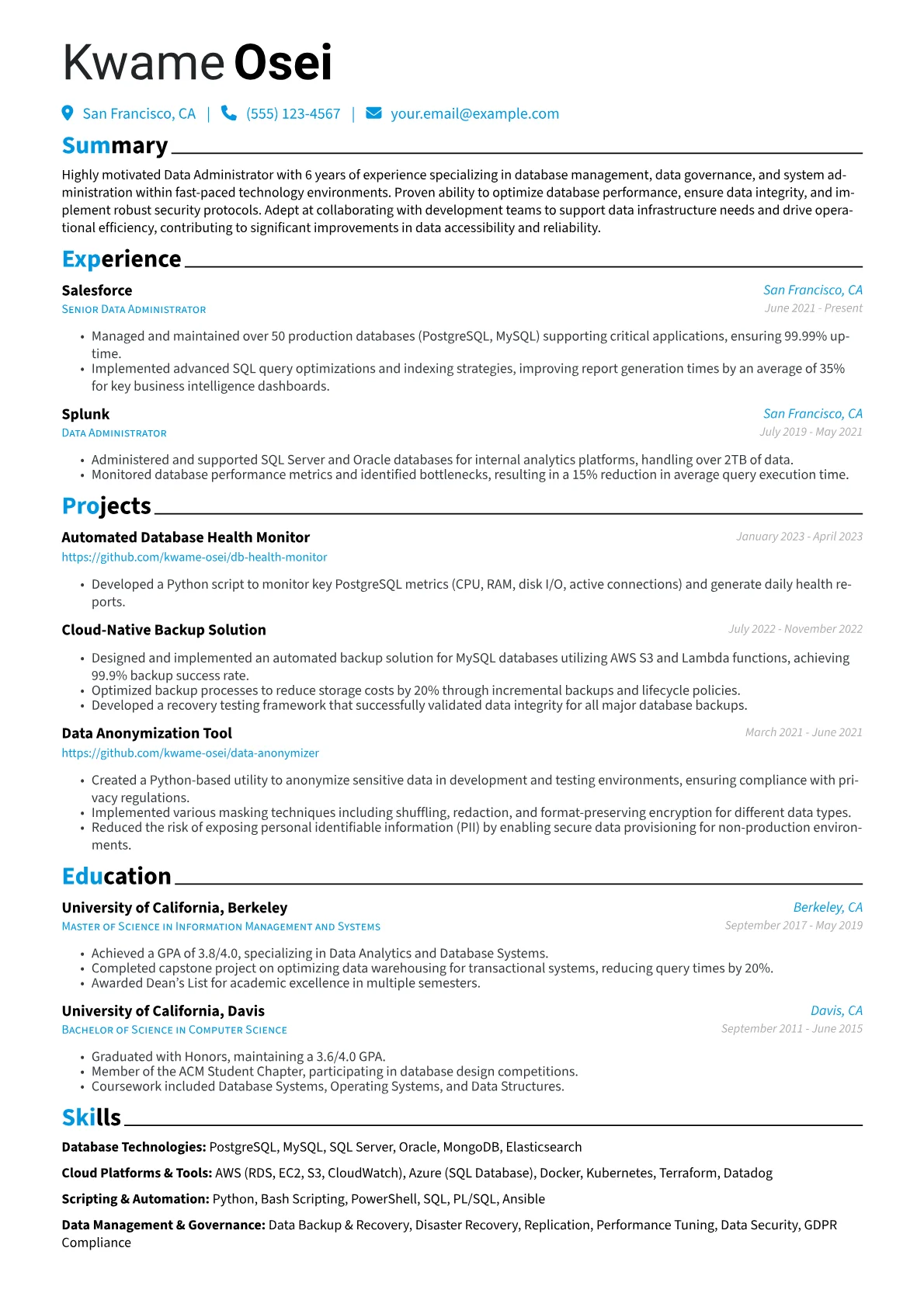Data Administrator Resume Example CV template - Page 1