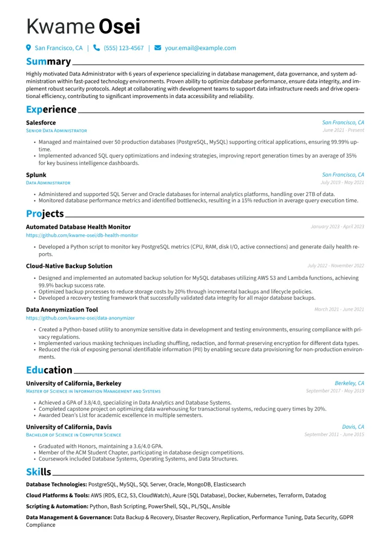 Data Administrator Resume Example CV template preview