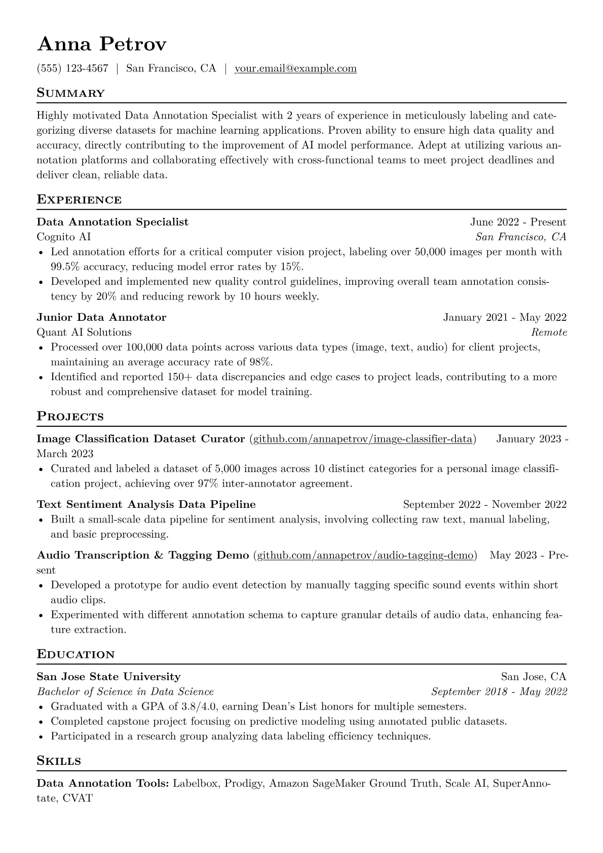 Data Annotation Specialist Resume Example CV template - Page 1