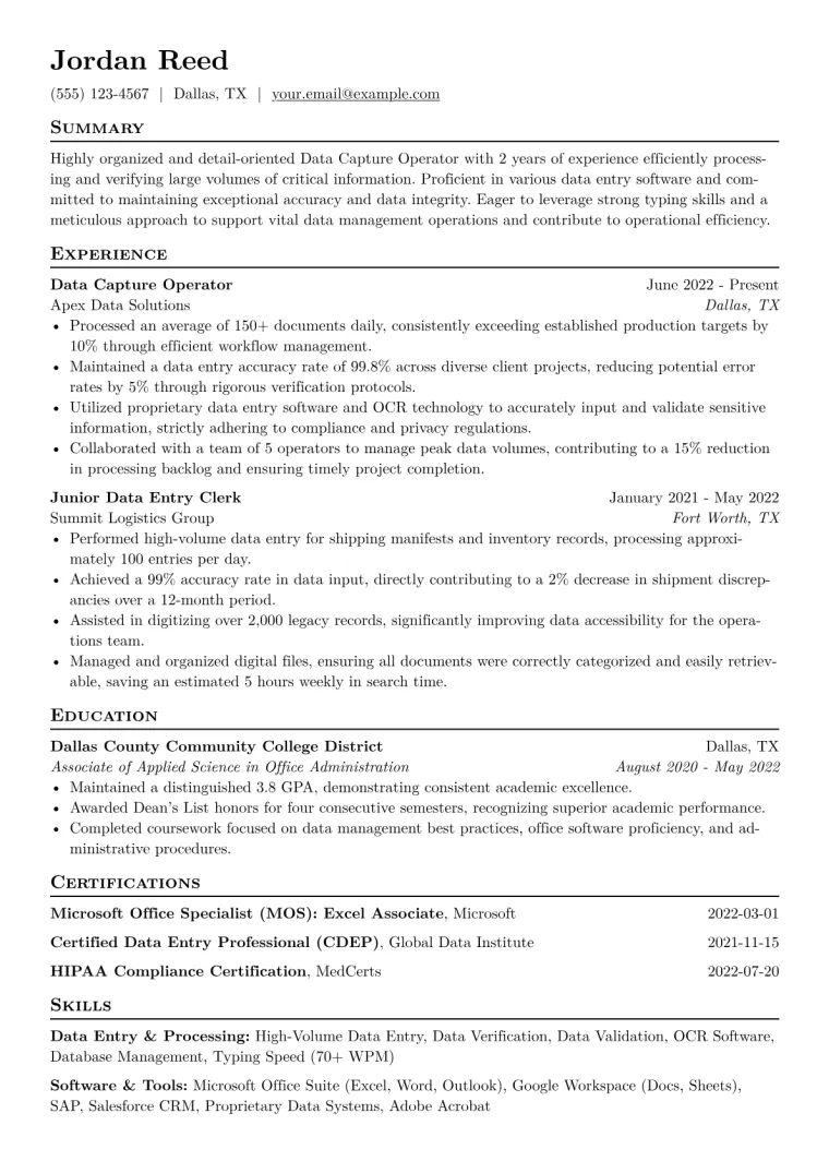 Data Capture Operator Resume Example CV template preview