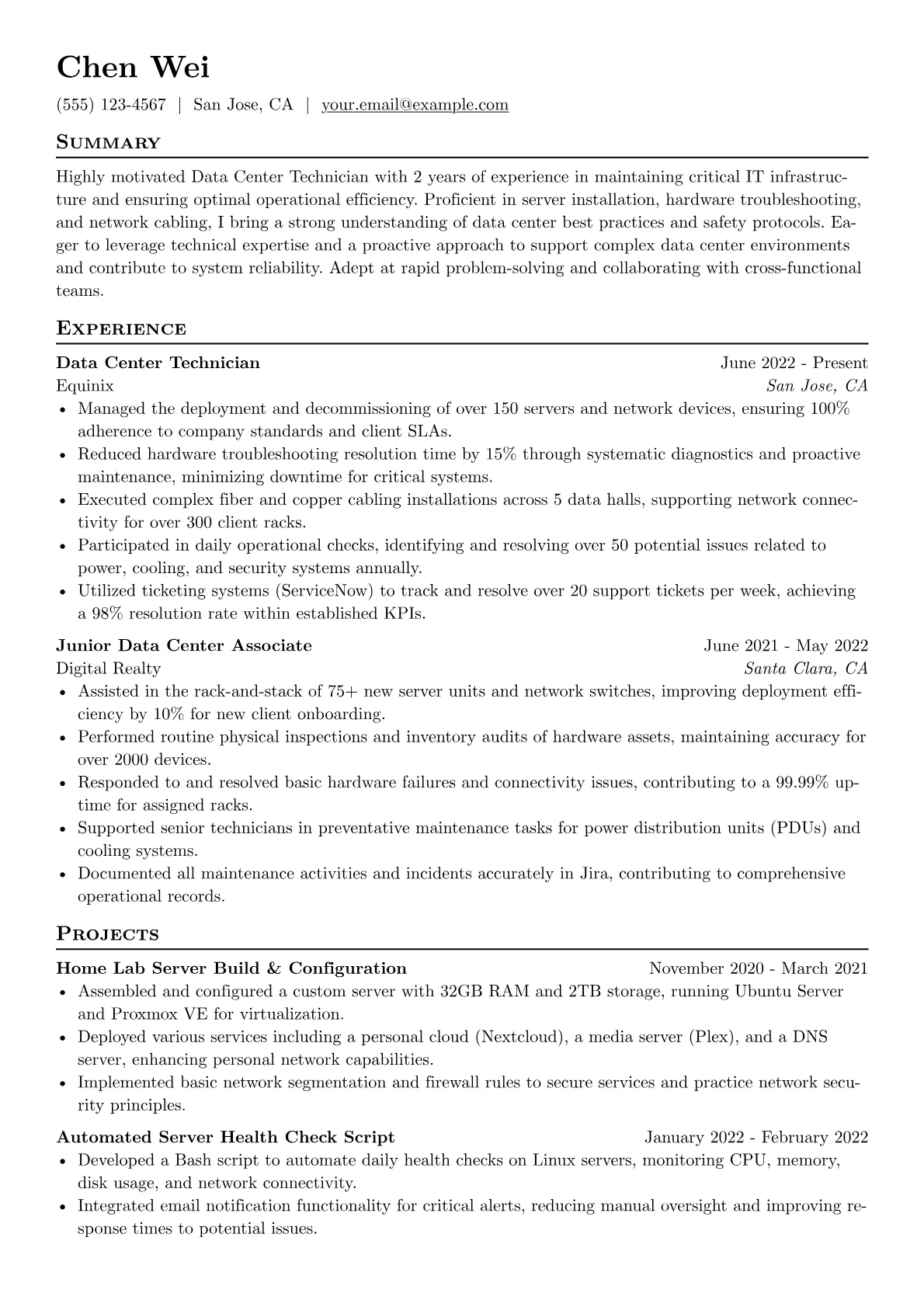 Data Center Technician Resume Example CV template - Page 1