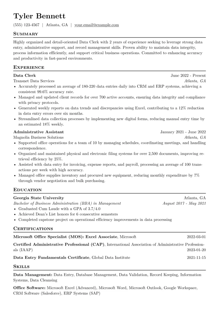 Data Clerk Resume Example CV template preview