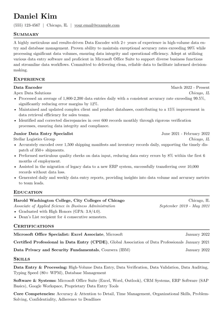 Data Encoder Resume Example CV template preview