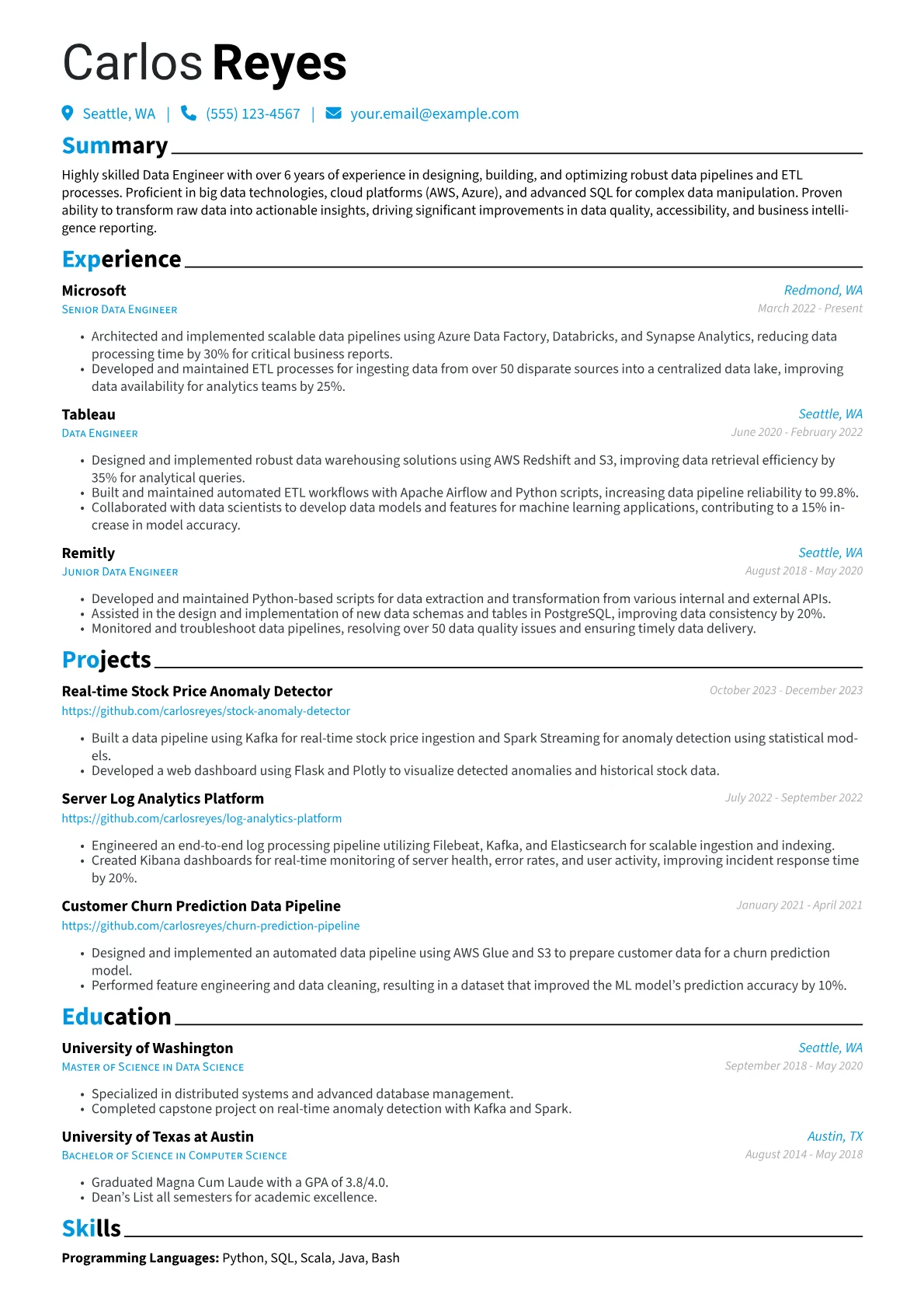 Data Engineer Resume Example CV template - Page 1