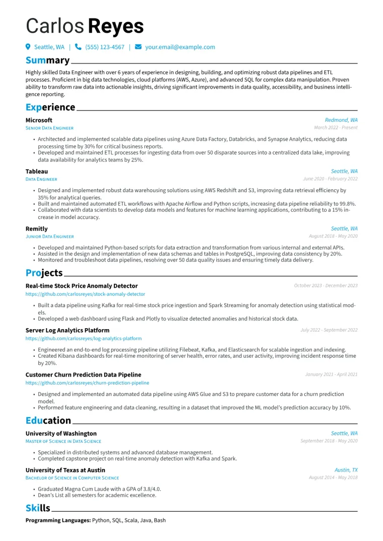 Data Engineer Resume Example CV template preview