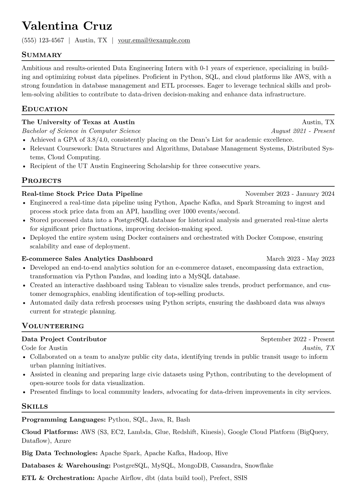 Data Engineering Intern Resume Example CV template - Page 1