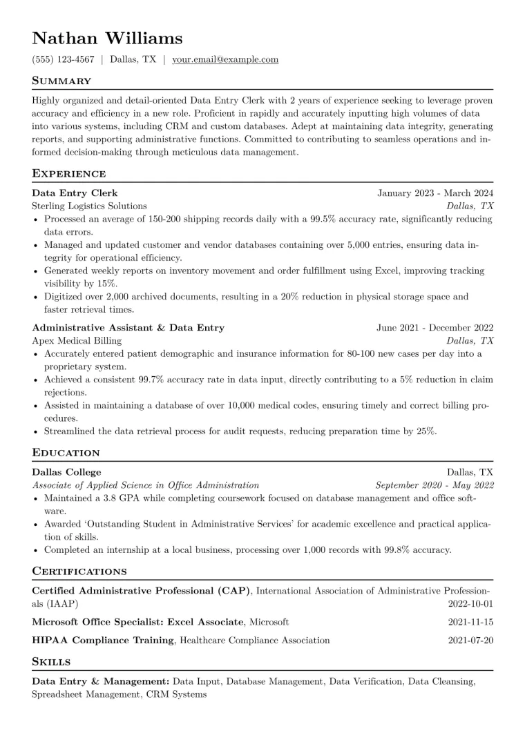 Data Entry Clerk Resume Example CV template preview