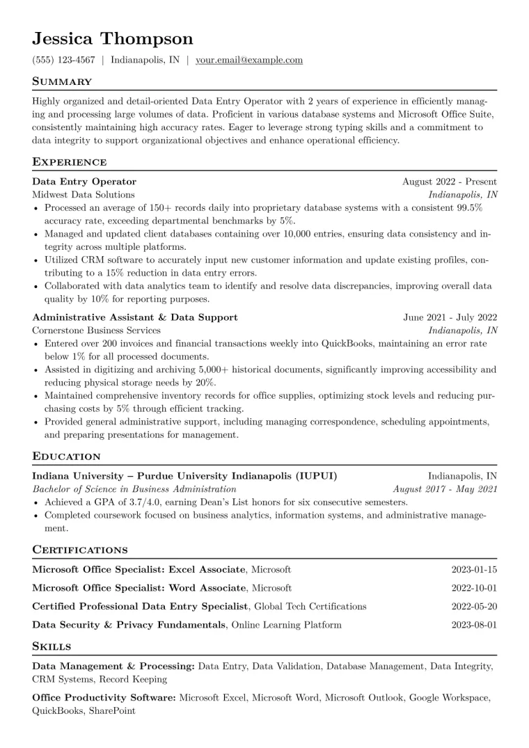 Data Entry Operator Resume Example CV template preview