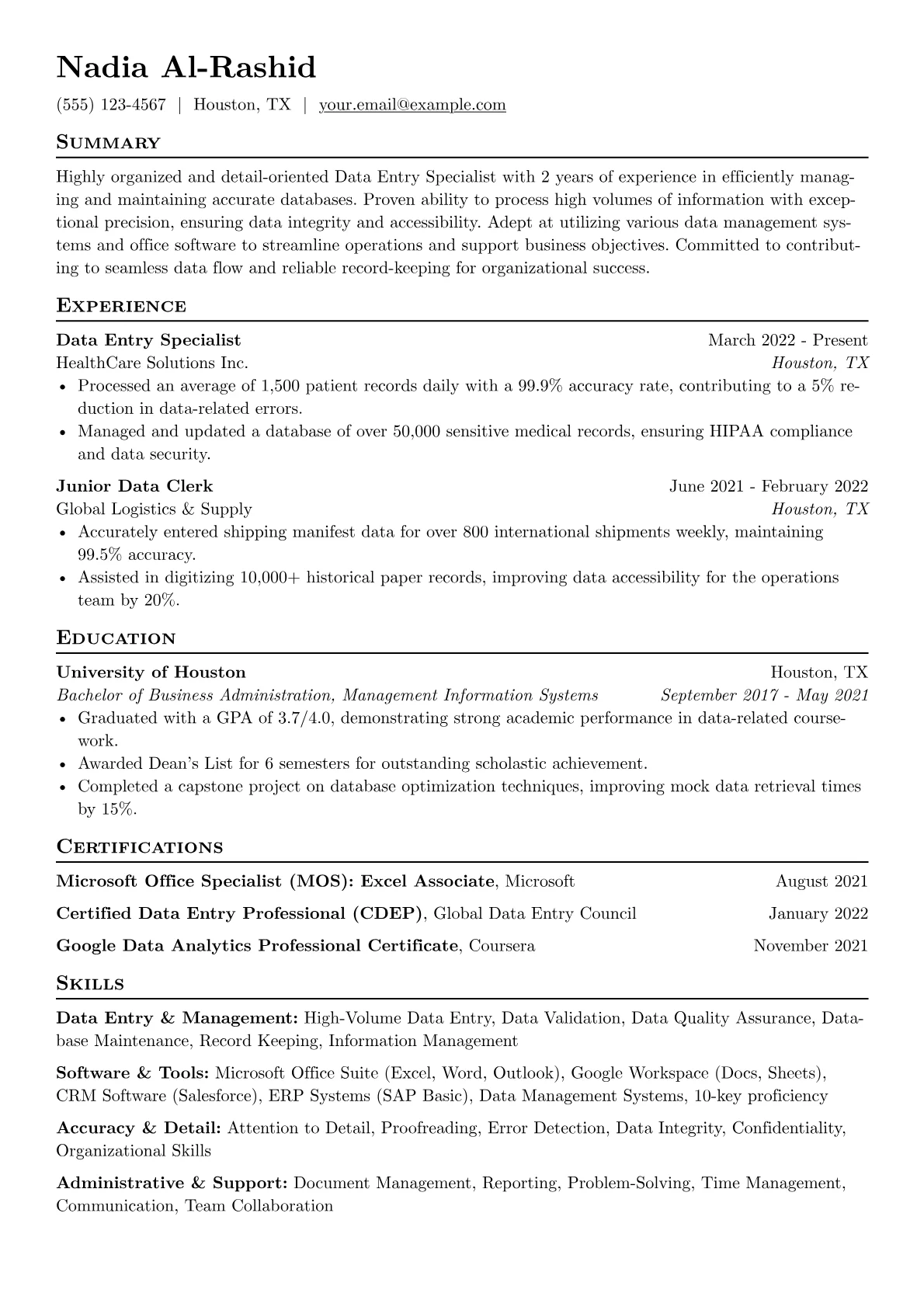 Data Entry Specialist Resume Example CV template - Page 1
