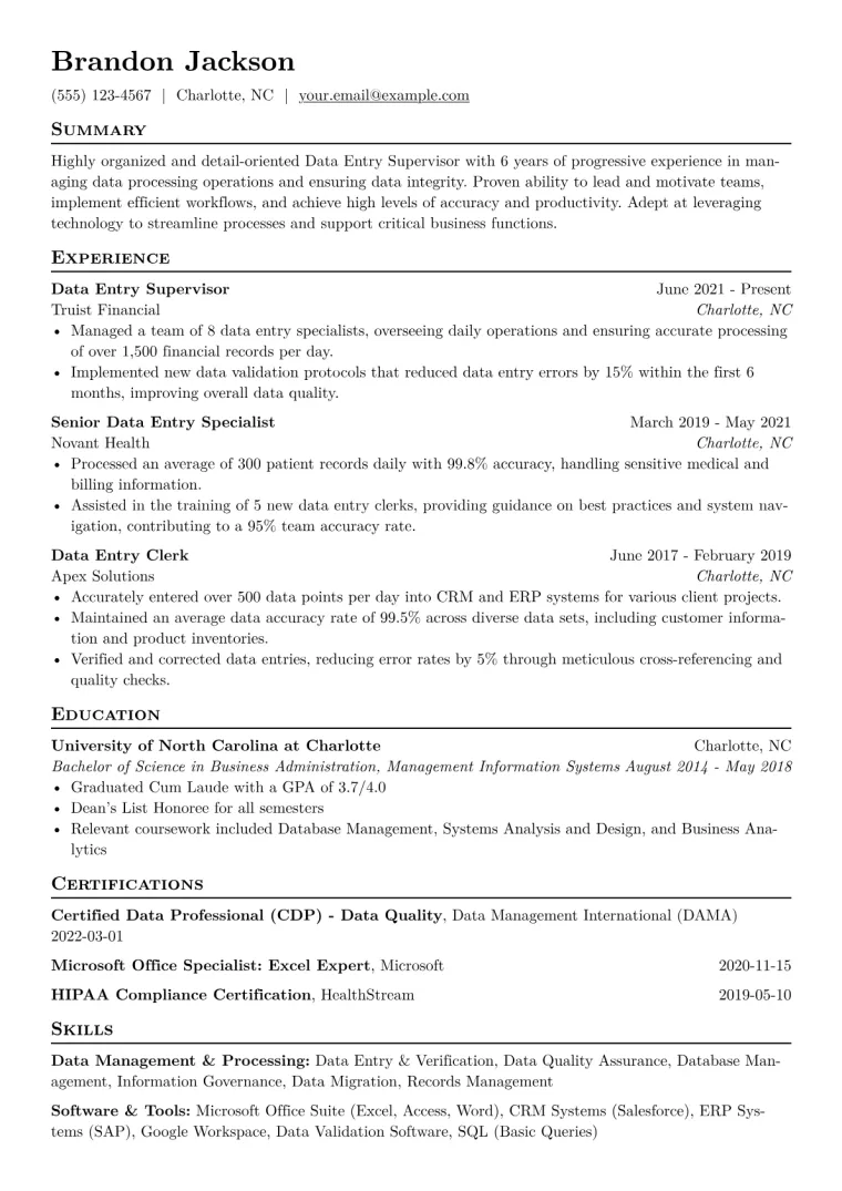 Data Entry Supervisor Resume Example CV template preview
