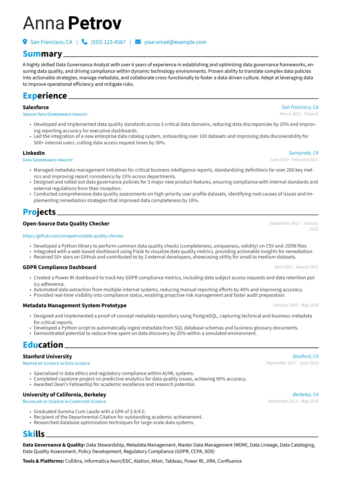 Data Governance Analyst Resume Example CV template - Page 1