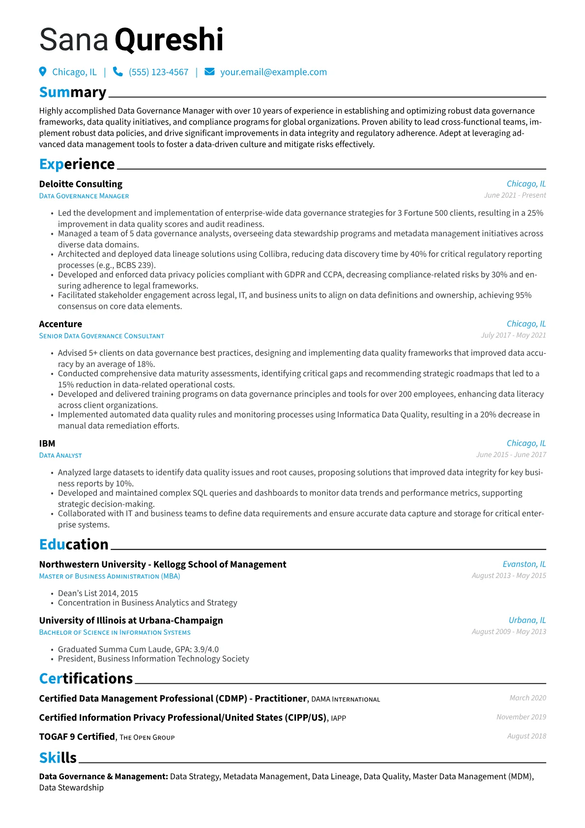 Data Governance Manager Resume Example CV template - Page 1