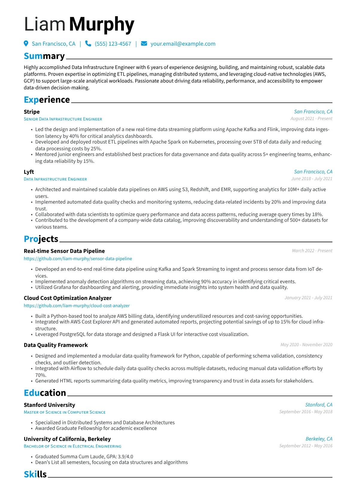 Data Infrastructure Engineer Resume Example CV template - Page 1
