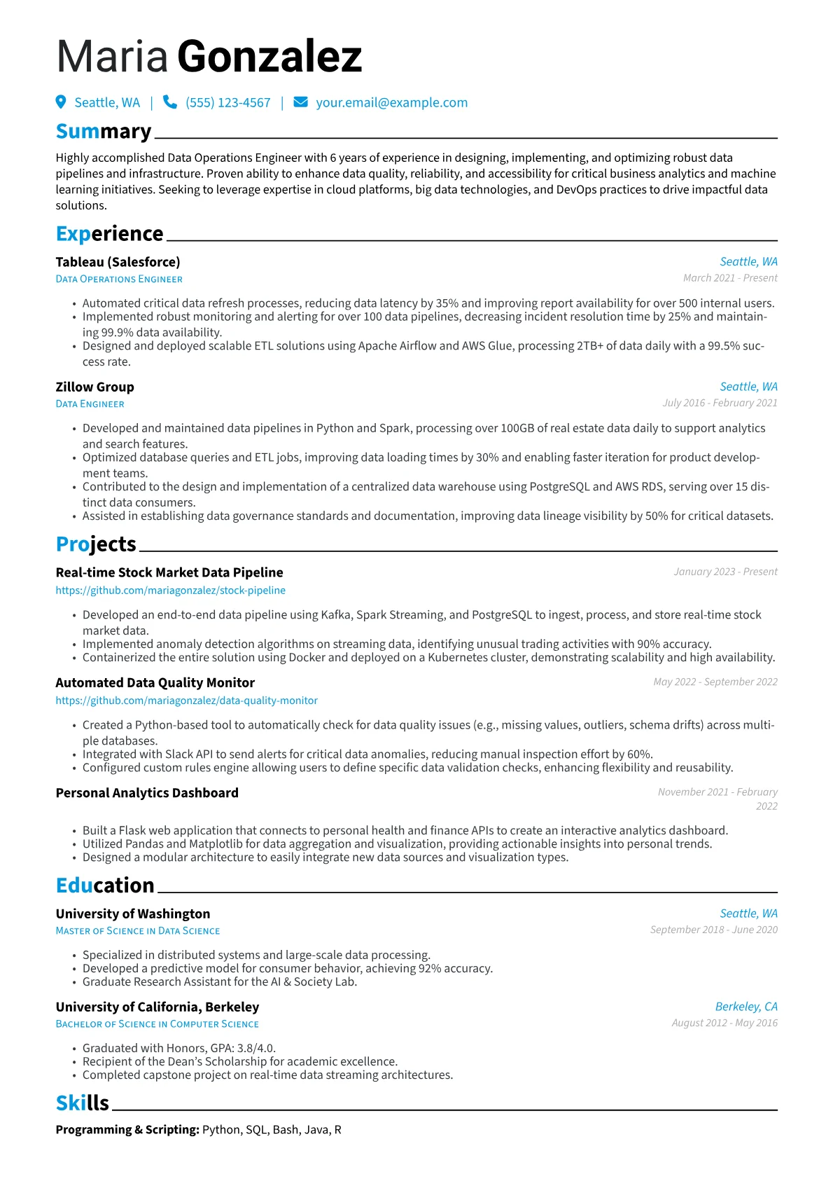 Data Operations Engineer Resume Example CV template - Page 1