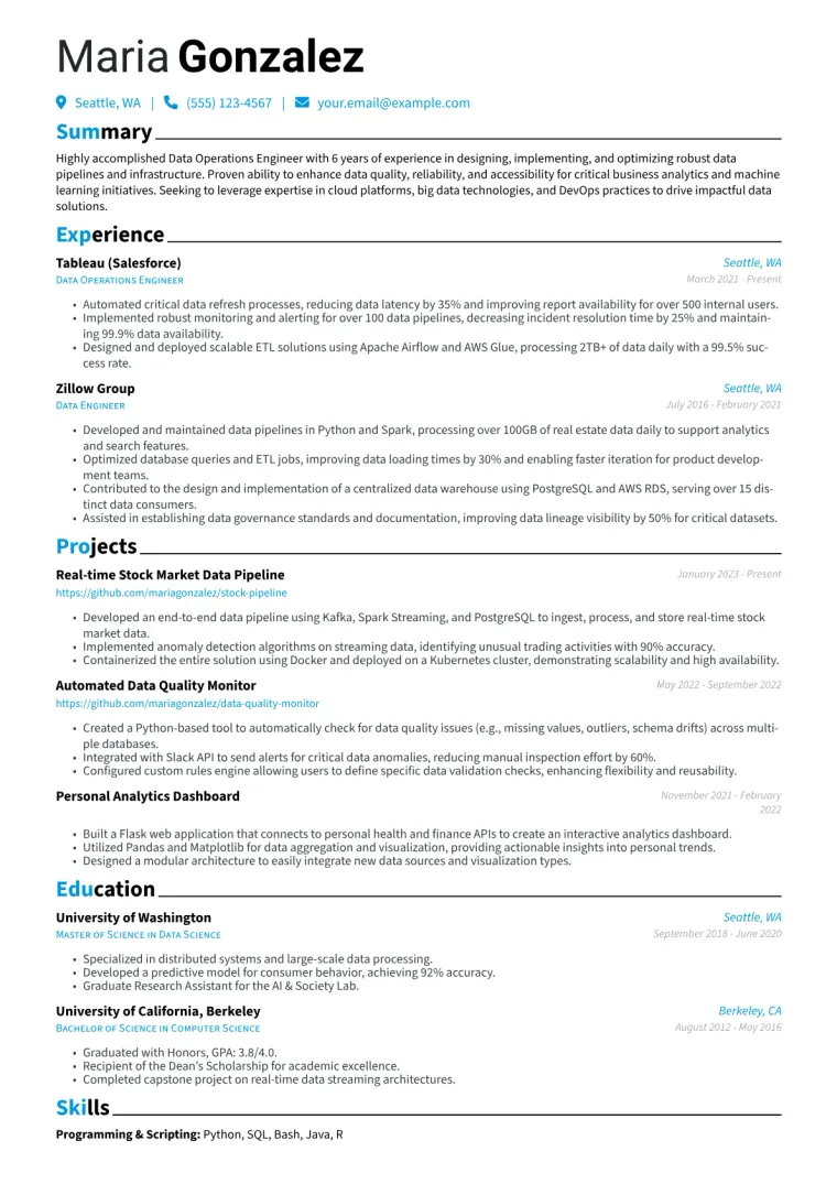 Data Operations Engineer Resume Example CV template preview