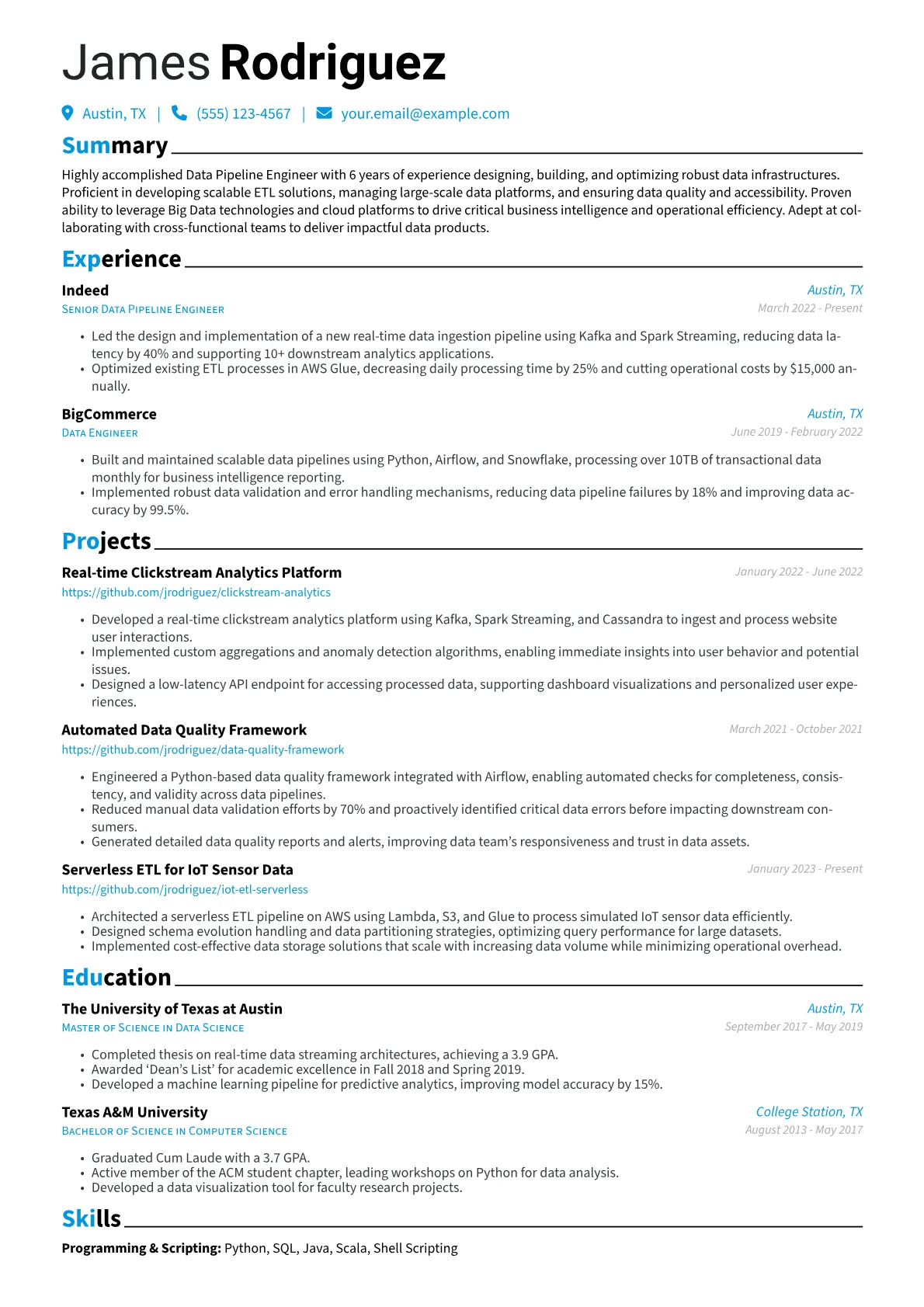 Data Pipeline Engineer Resume Example CV template - Page 1