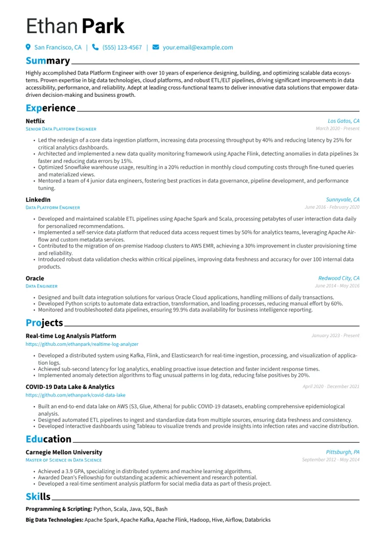 Data Platform Engineer Resume Example CV template preview