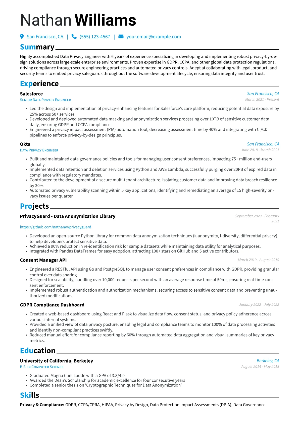 Data Privacy Engineer Resume Example CV template - Page 1
