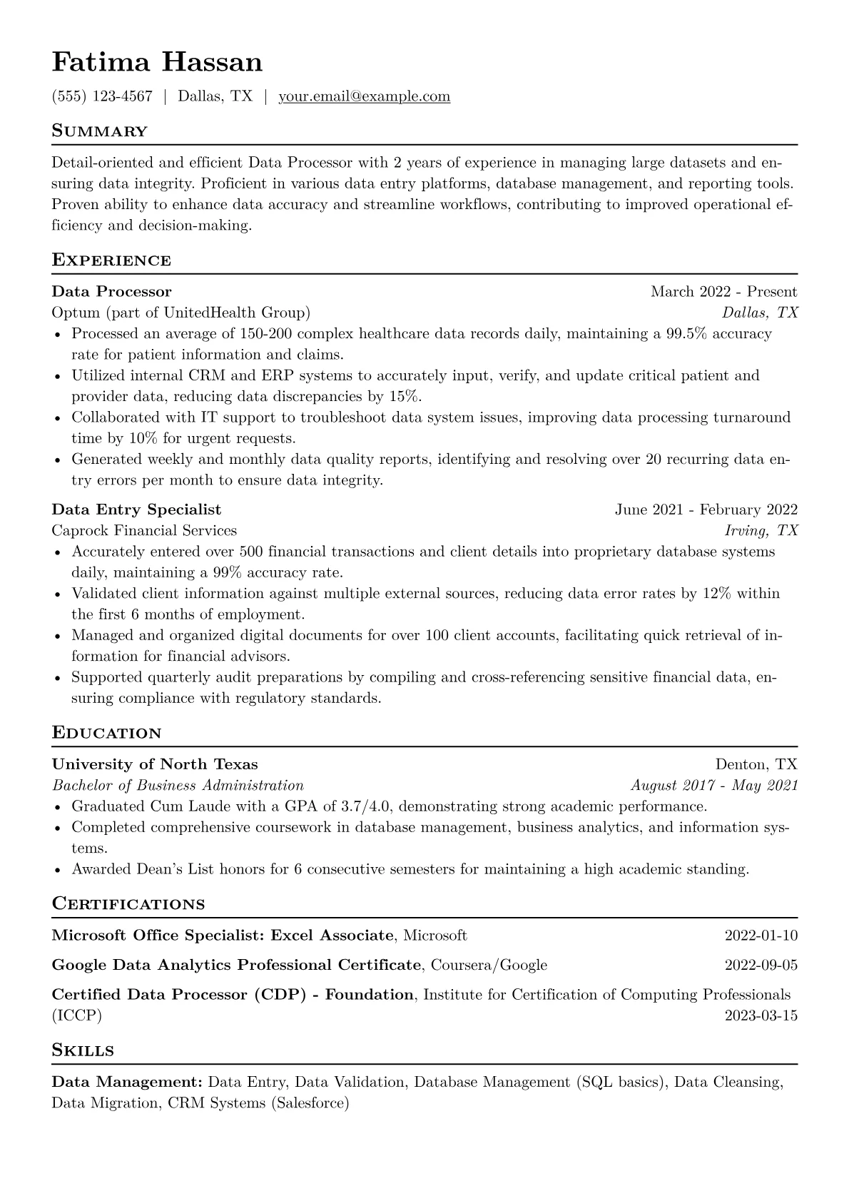 Data Processor Resume Example CV template - Page 1