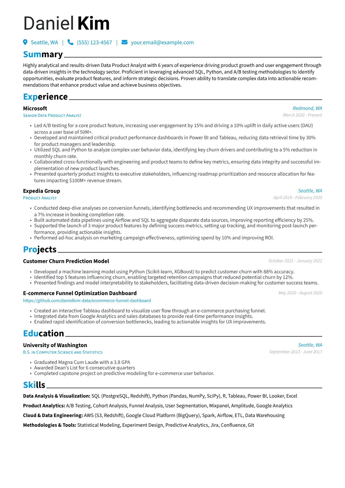 Data Product Analyst Resume Example CV template - Page 1