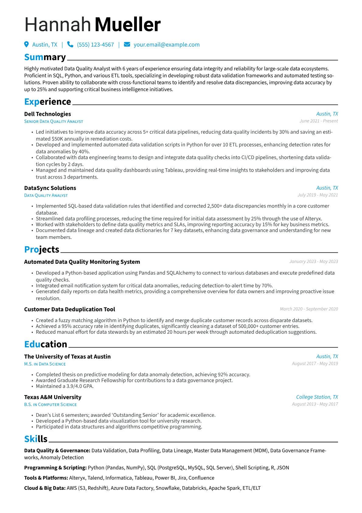 Data Quality Analyst Resume Example CV template - Page 1