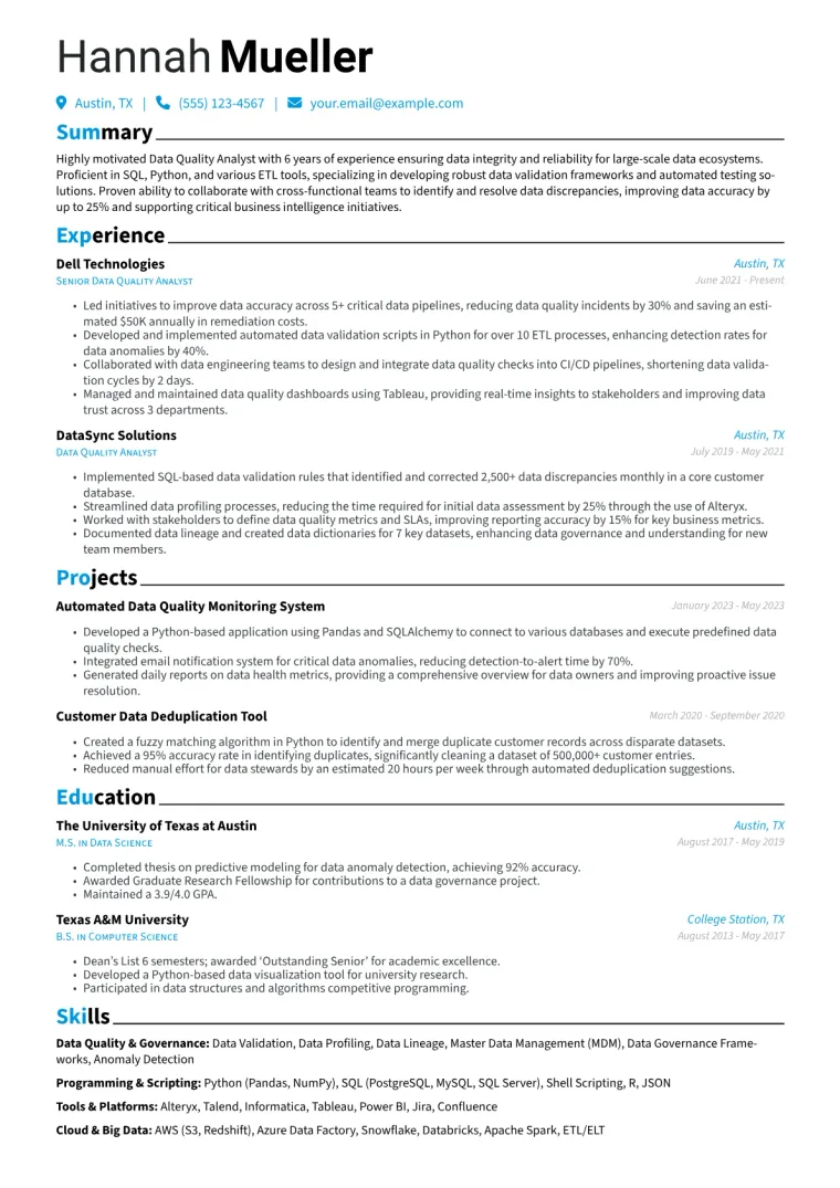 Data Quality Analyst Resume Example CV template preview