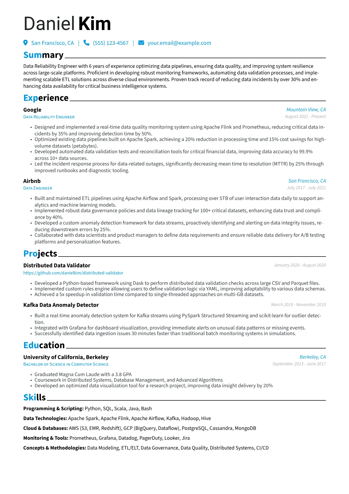 Data Reliability Engineer Resume Example CV template - Page 1