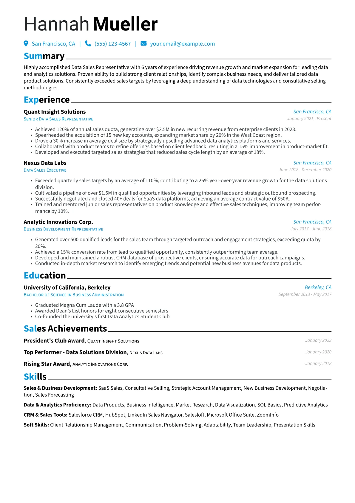 Data Sales Representative Resume Example CV template - Page 1