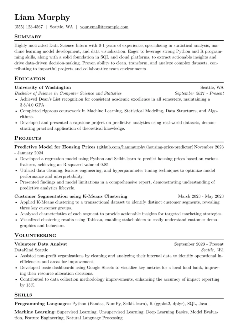 Data Science Intern Resume Example CV template preview