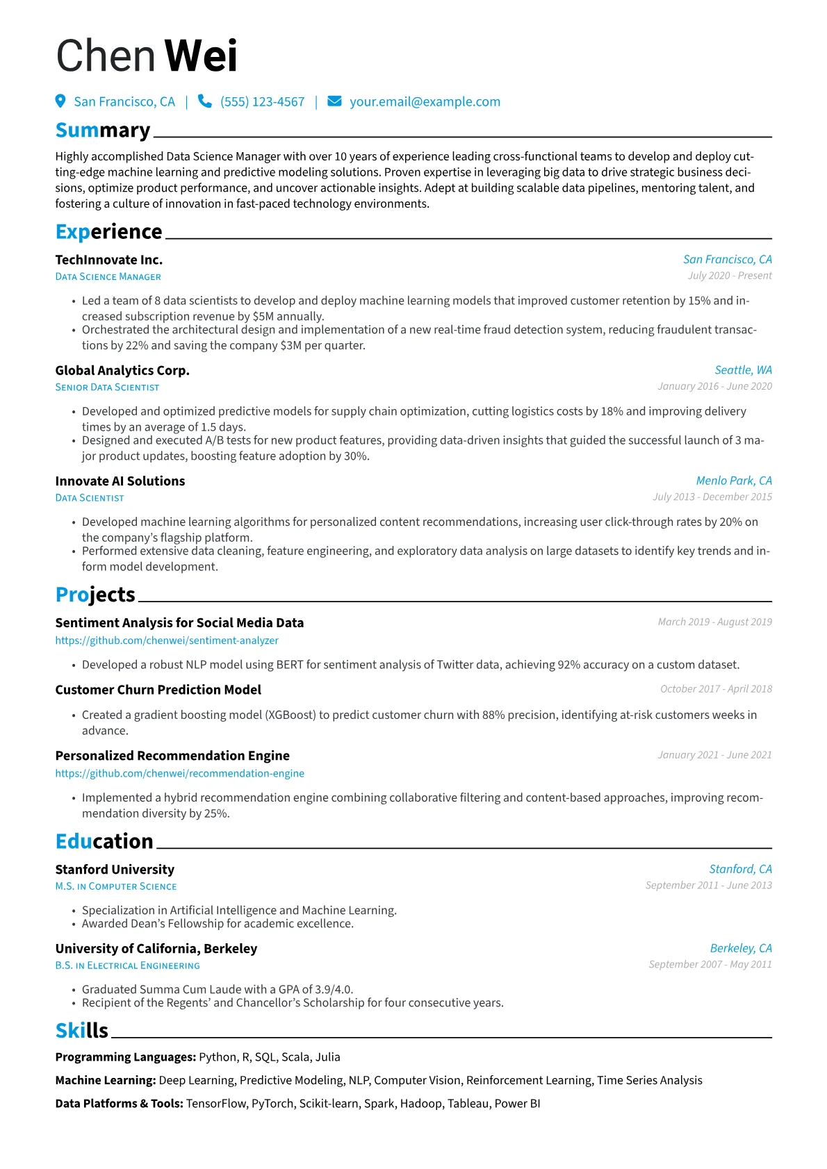 Data Science Manager Resume Example CV template - Page 1